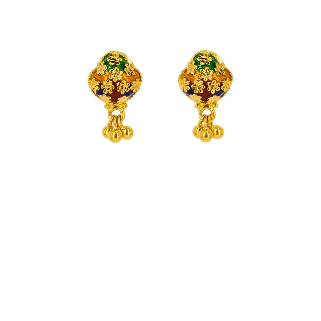 22K Yellow Gold Earrings W/ Enamel Paint & Gold Ball Accents