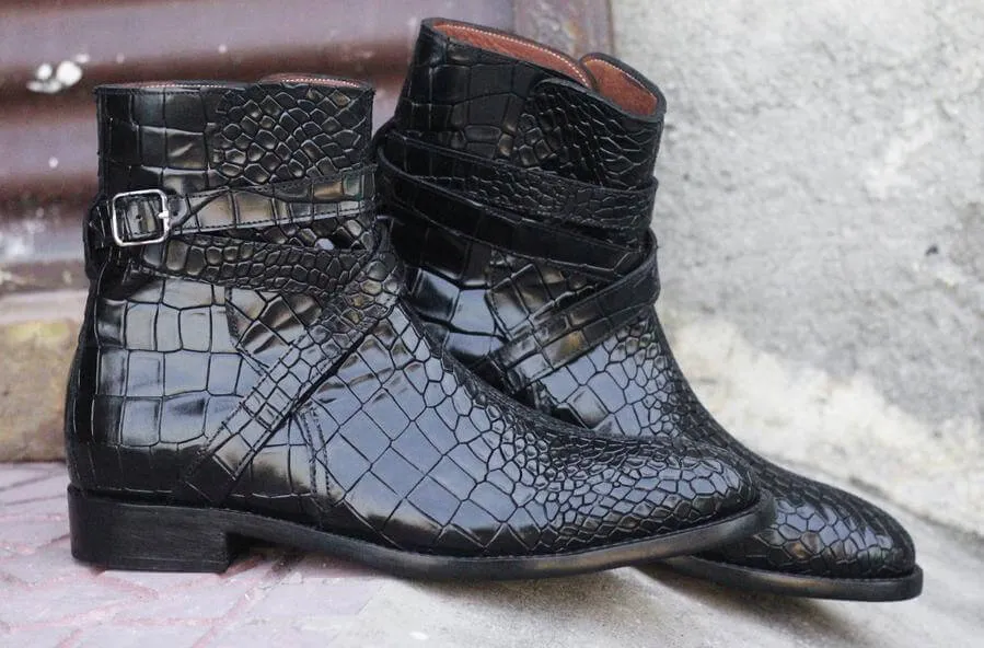 Awesome Handmade Men's Black Alligator Textured Leather Jodhpur Boots, Men Fashion Dress Ankle Boots