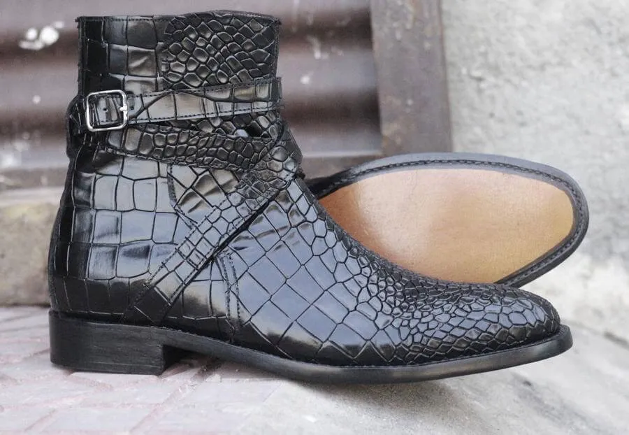 Awesome Handmade Men's Black Alligator Textured Leather Jodhpur Boots, Men Fashion Dress Ankle Boots