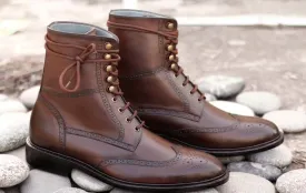 Awesome Handmade Men's Brown Leather Wing Tip Brogue Lace Up Boots, Men Ankle Boots, Men Fashion Boots