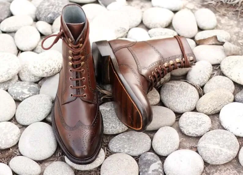 Awesome Handmade Men's Brown Leather Wing Tip Brogue Lace Up Boots, Men Ankle Boots, Men Fashion Boots