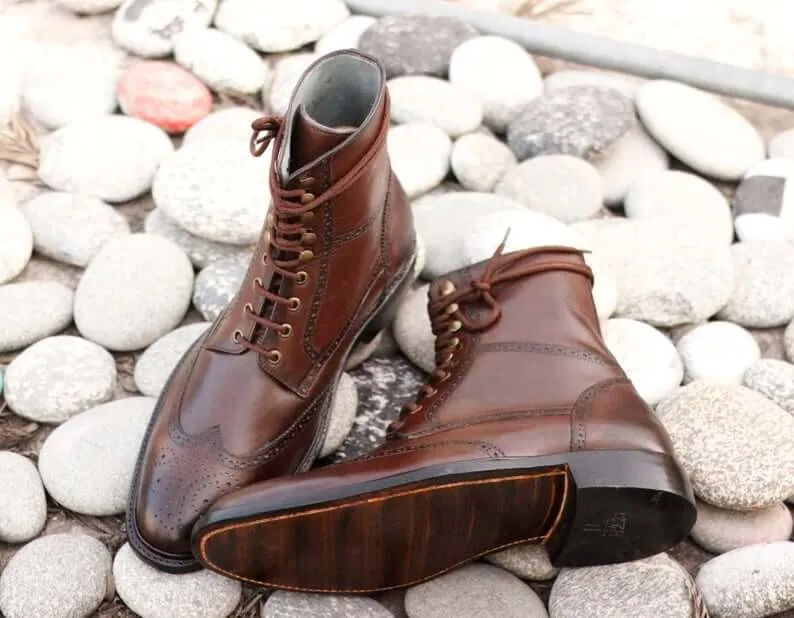 Awesome Handmade Men's Brown Leather Wing Tip Brogue Lace Up Boots, Men Ankle Boots, Men Fashion Boots