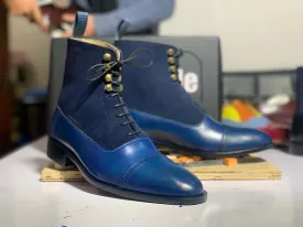 Awesome New Handmade Men's Blue Leather Suede Cap Toe Boots, Mens Fashion Ankle Boots