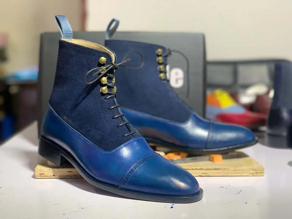 Awesome New Handmade Men's Blue Leather Suede Cap Toe Boots, Mens Fashion Ankle Boots