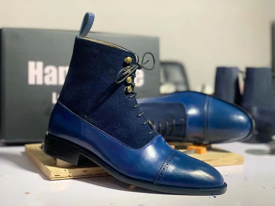 Awesome New Handmade Men's Blue Leather Suede Cap Toe Boots, Mens Fashion Ankle Boots