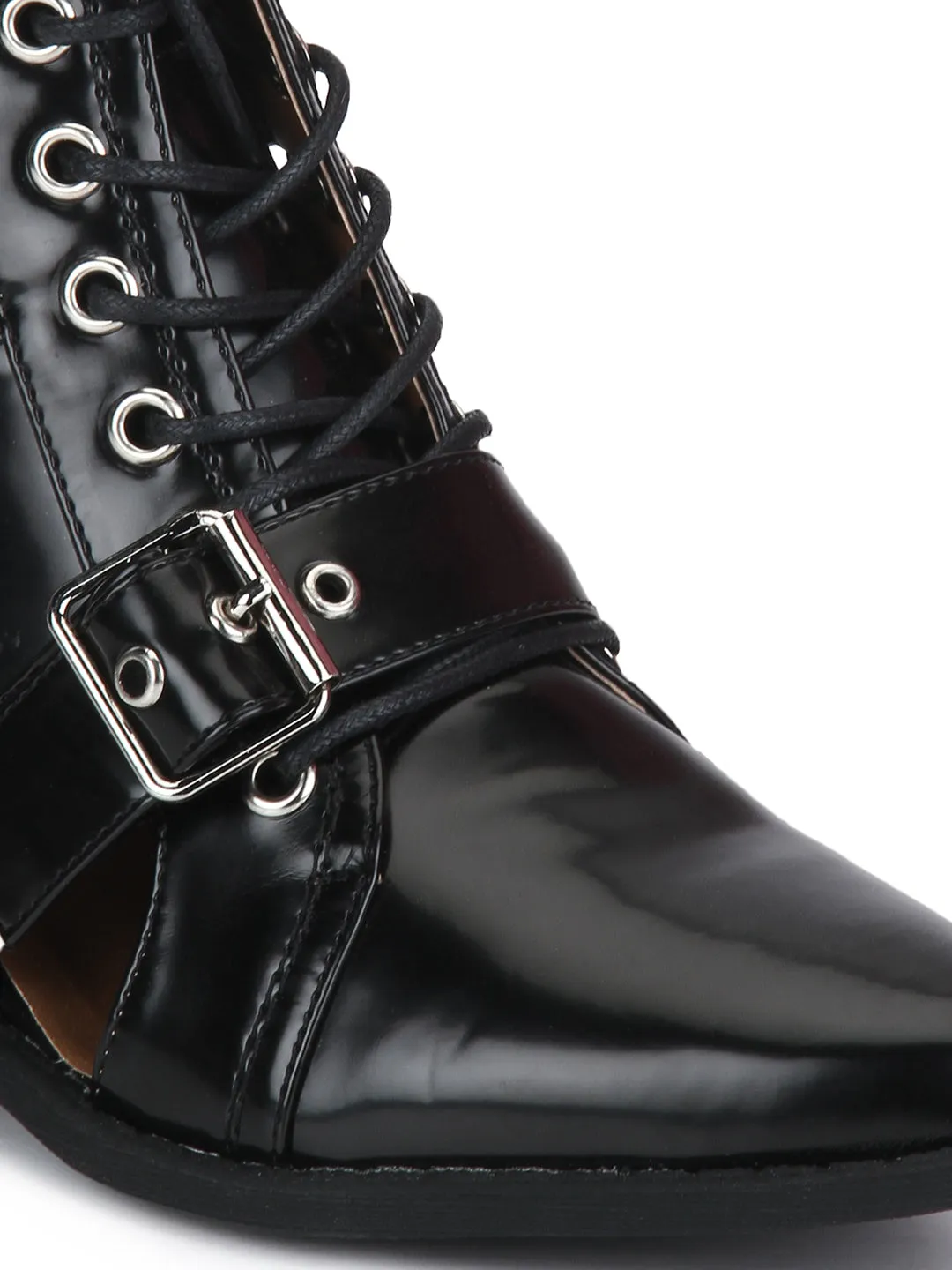 Black Box PU Buckled Pointed Toe Ankle Boots