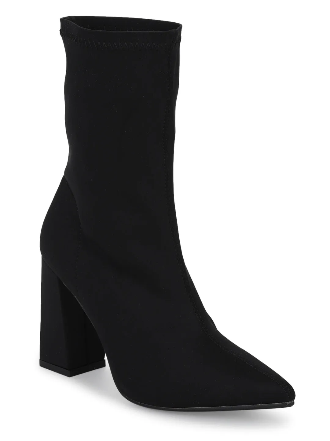 Black Lycra Sock Block Heel Ankle Boots