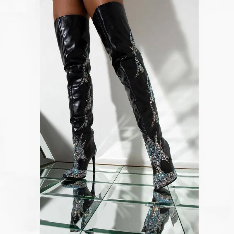 Black Rhinestone Knee High High Heel Boots