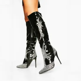 Black Rhinestone Knee High High Heel Boots