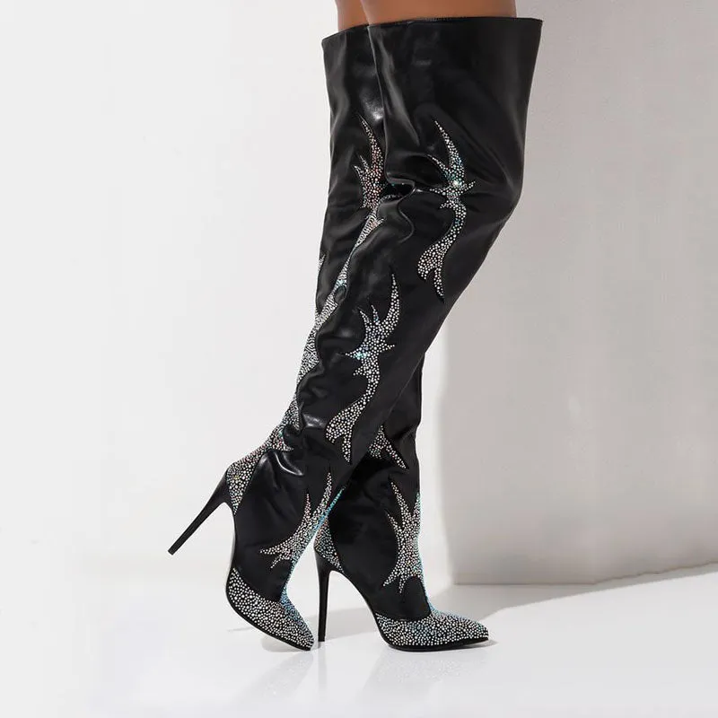 Black Rhinestone Knee High High Heel Boots