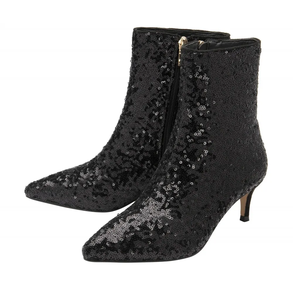 Black Sequin Currans Pointed-Toe Ankle Boots