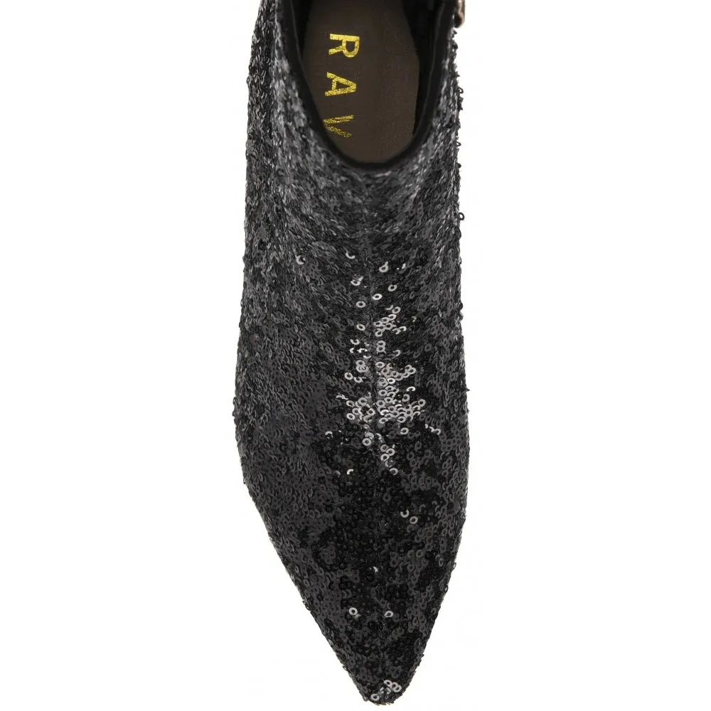 Black Sequin Currans Pointed-Toe Ankle Boots