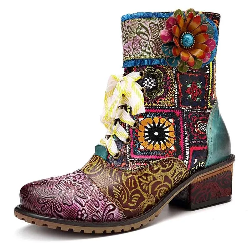 Bohemian Retro Cowgirl Women's Leather Ankle Boots With Zipper