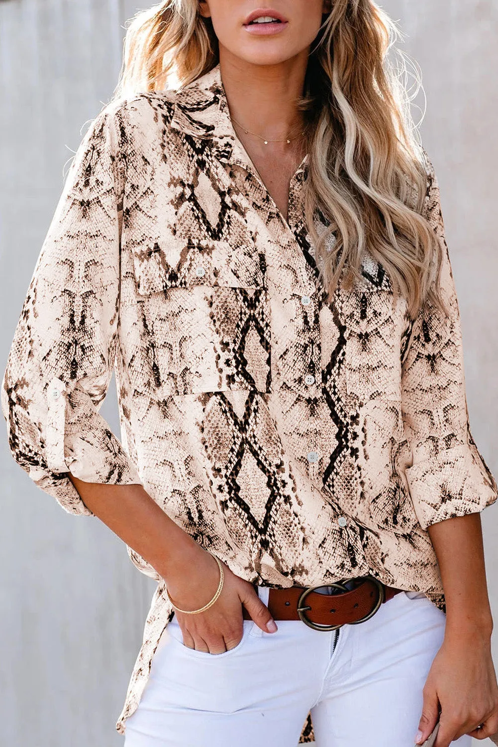 Brown Serpent Patterned Blouse with Convenient Pockets