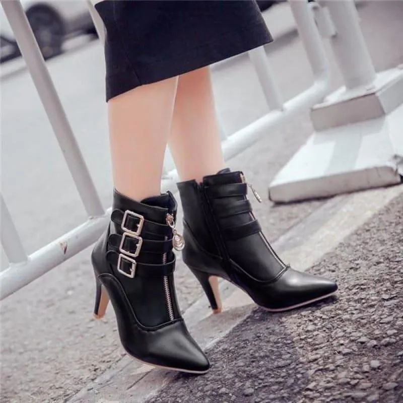 Buckle Pointed Toe High Heels Ankle Boots