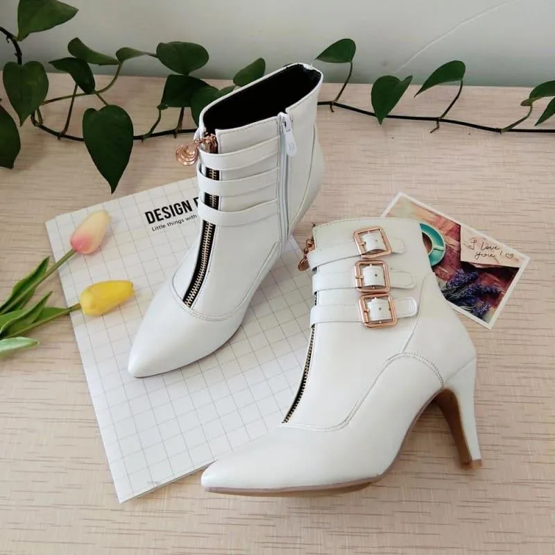 Buckle Pointed Toe High Heels Ankle Boots