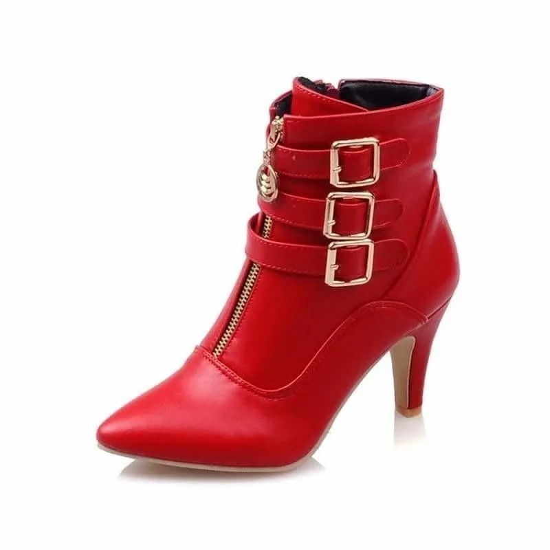 Buckle Pointed Toe High Heels Ankle Boots