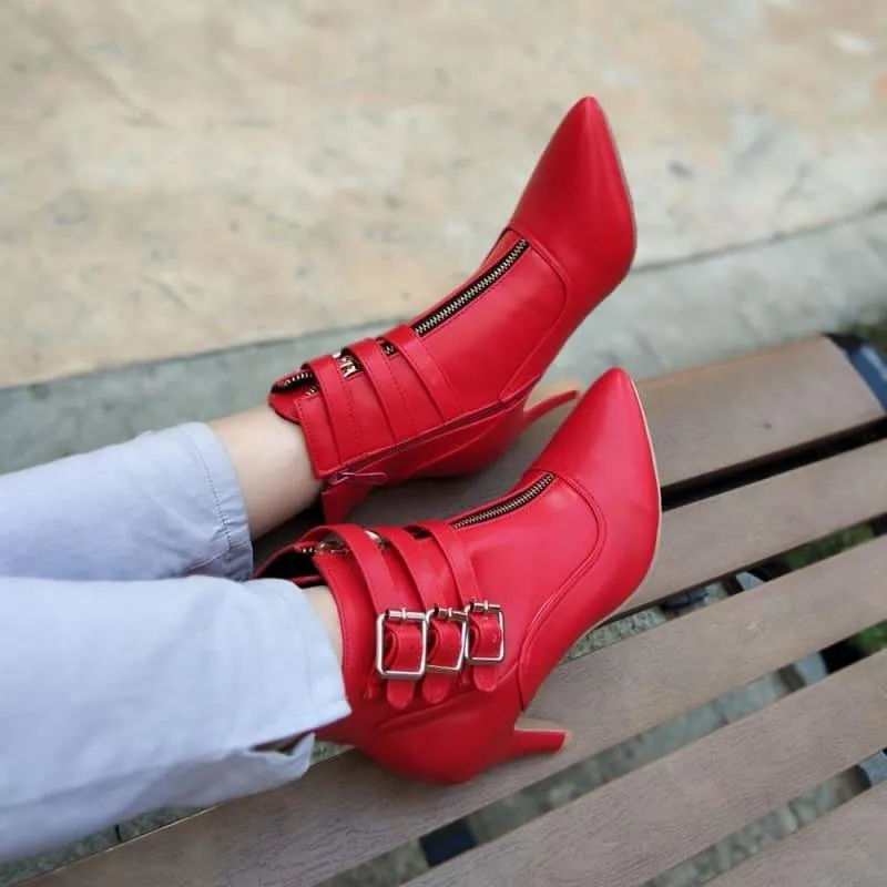 Buckle Pointed Toe High Heels Ankle Boots