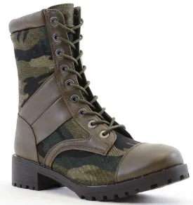 Cap Toe Army Green Camoflauge 8i Lace Up Lug Sole Combat Vegan Boots Women's