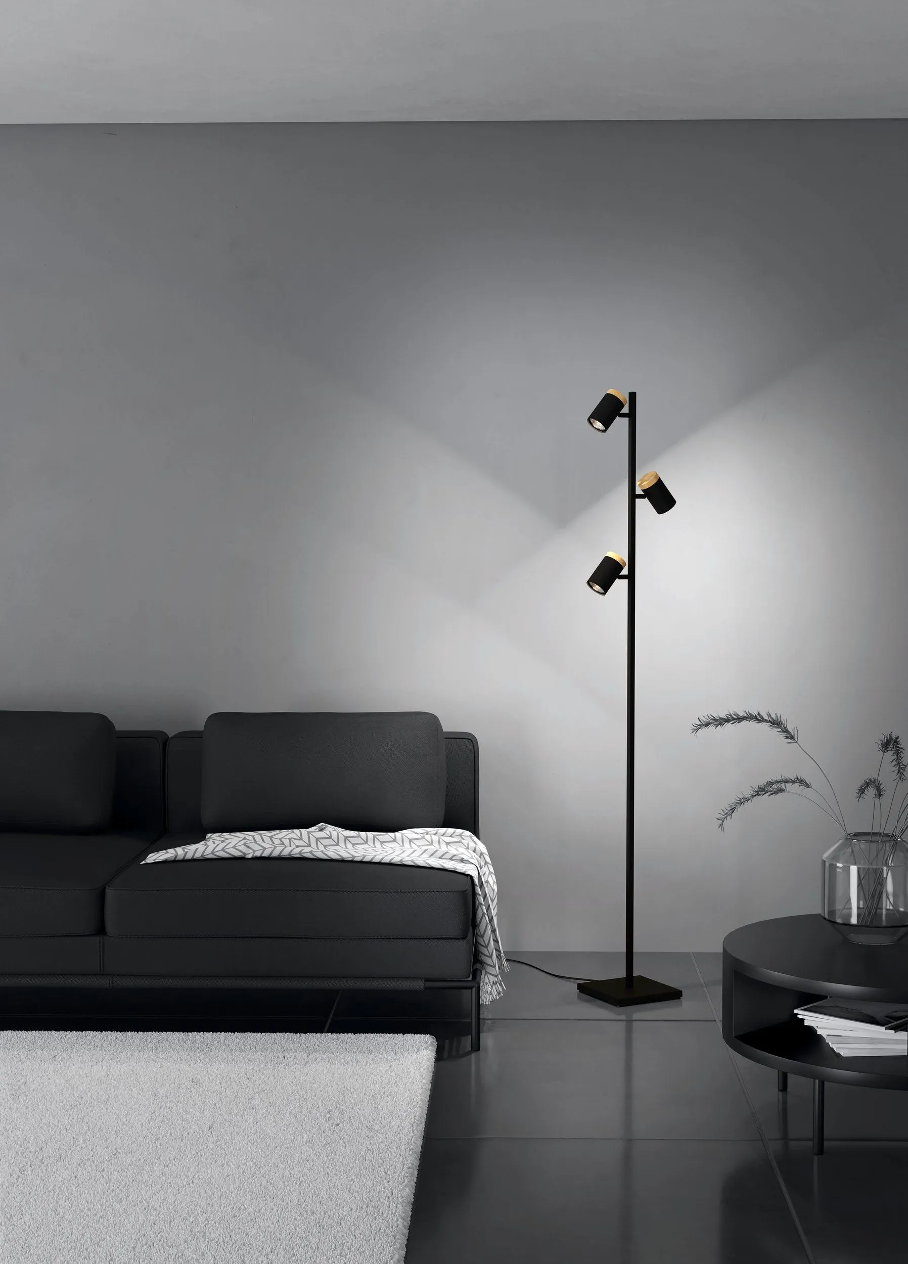 Cartagena 3 Light Black and Timber GU10 Floor Lamp