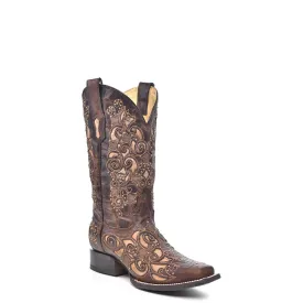 Corral Ladies Inlay Brown Cowhide Leather Cowgirl Boots