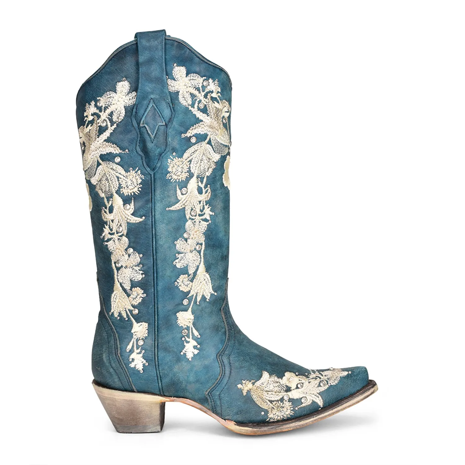 Corral Womens A4361 Navy Blue Leather 13in White Floral Cowboy Boots