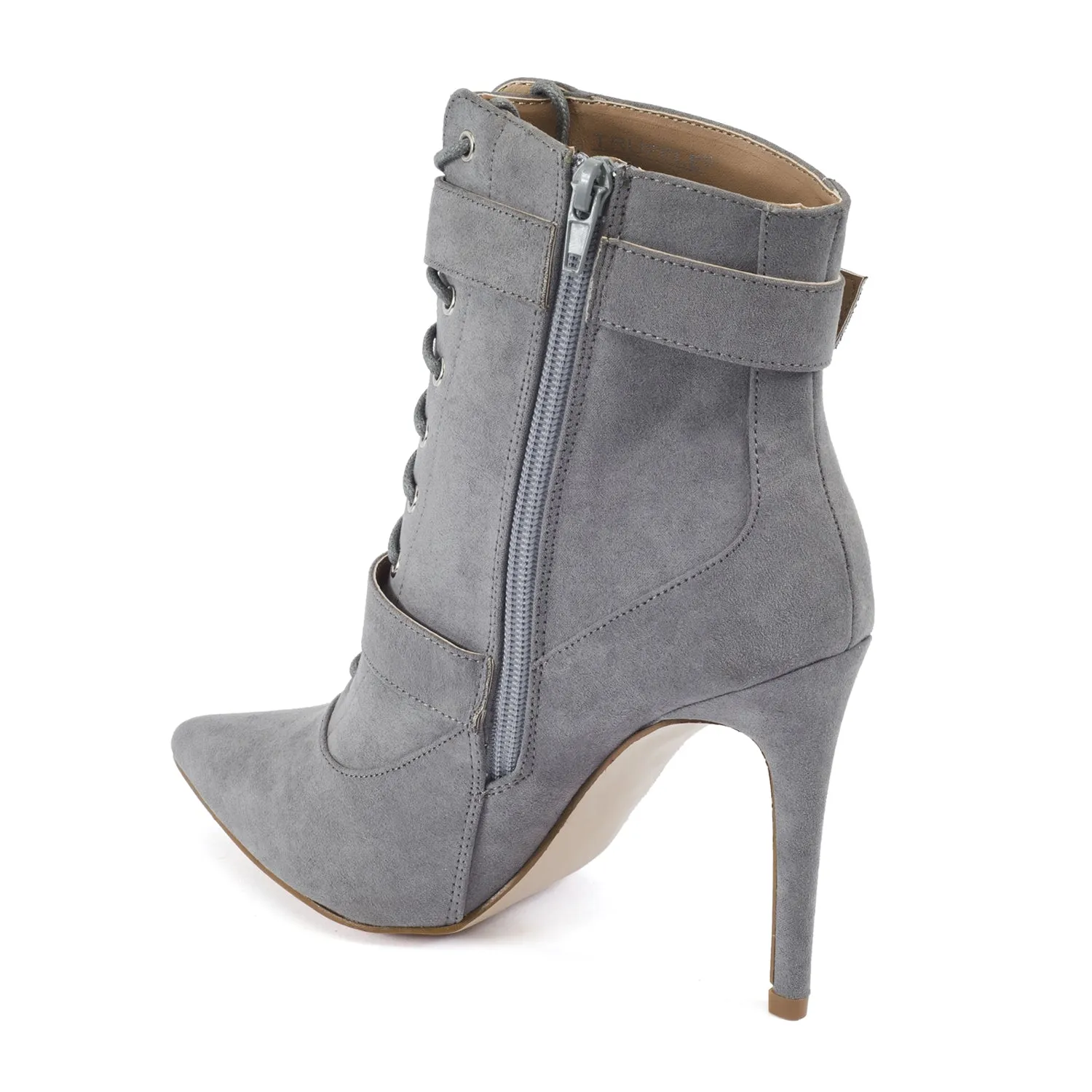 Dove Grey Buckle Detail Lace Up Ankle Boots