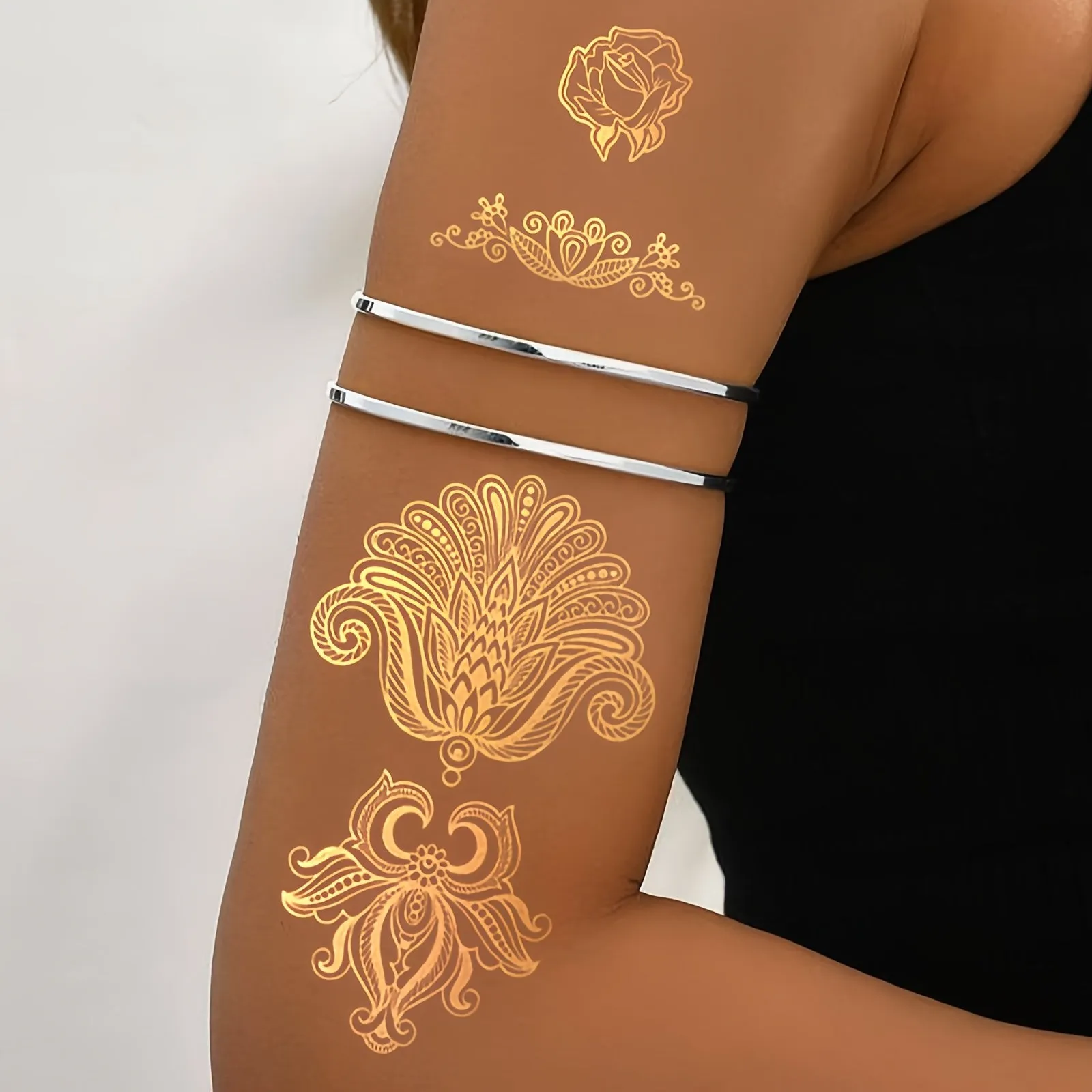 Elegant Golden Temporary Tattoos - Intricate Floral & Paisley Designs - 10pcs