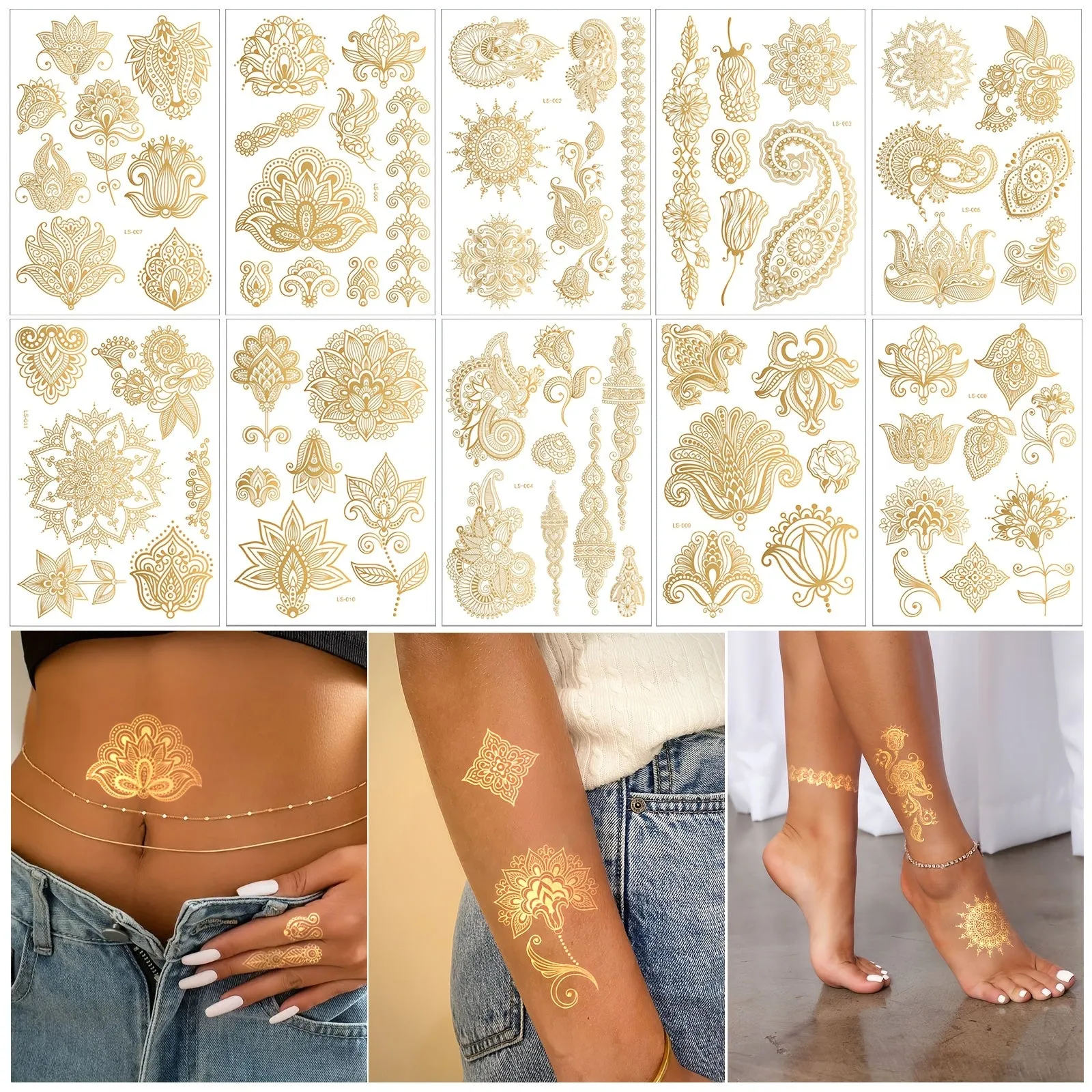 Elegant Golden Temporary Tattoos - Intricate Floral & Paisley Designs - 10pcs