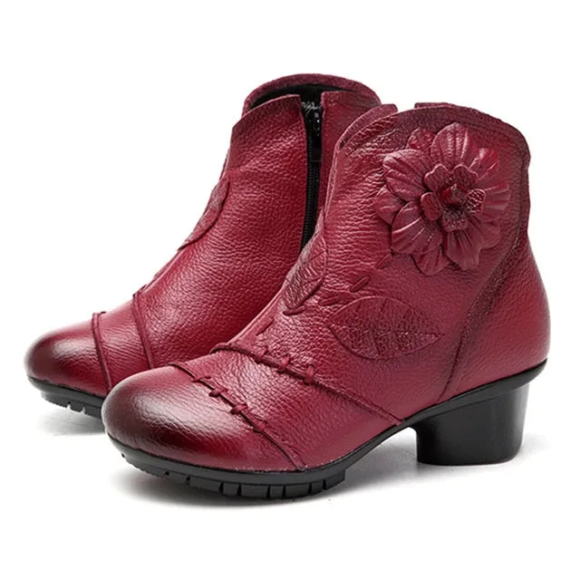 Fashion Women's Leather Floral Square Heel Winter Boots - Red,Gray