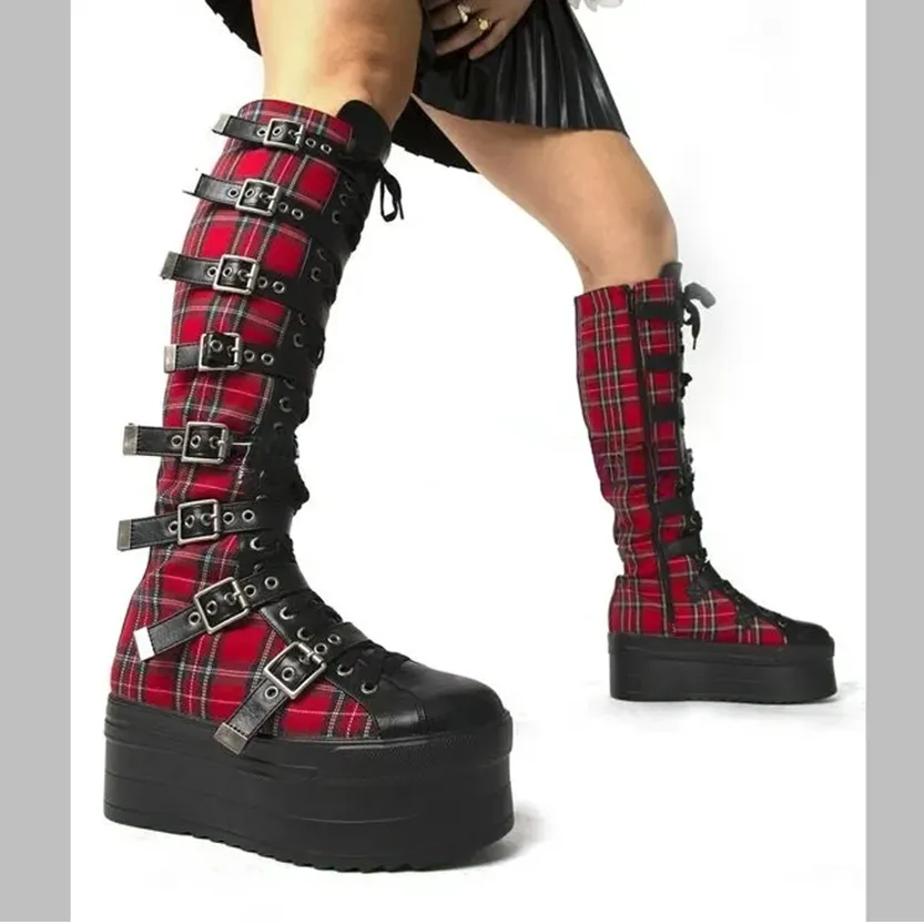 Funki Buys | Boots | Women's Plaid Buckle Platform Wedge Boot