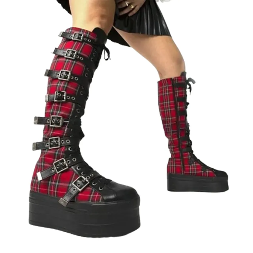 Funki Buys | Boots | Women's Plaid Buckle Platform Wedge Boot