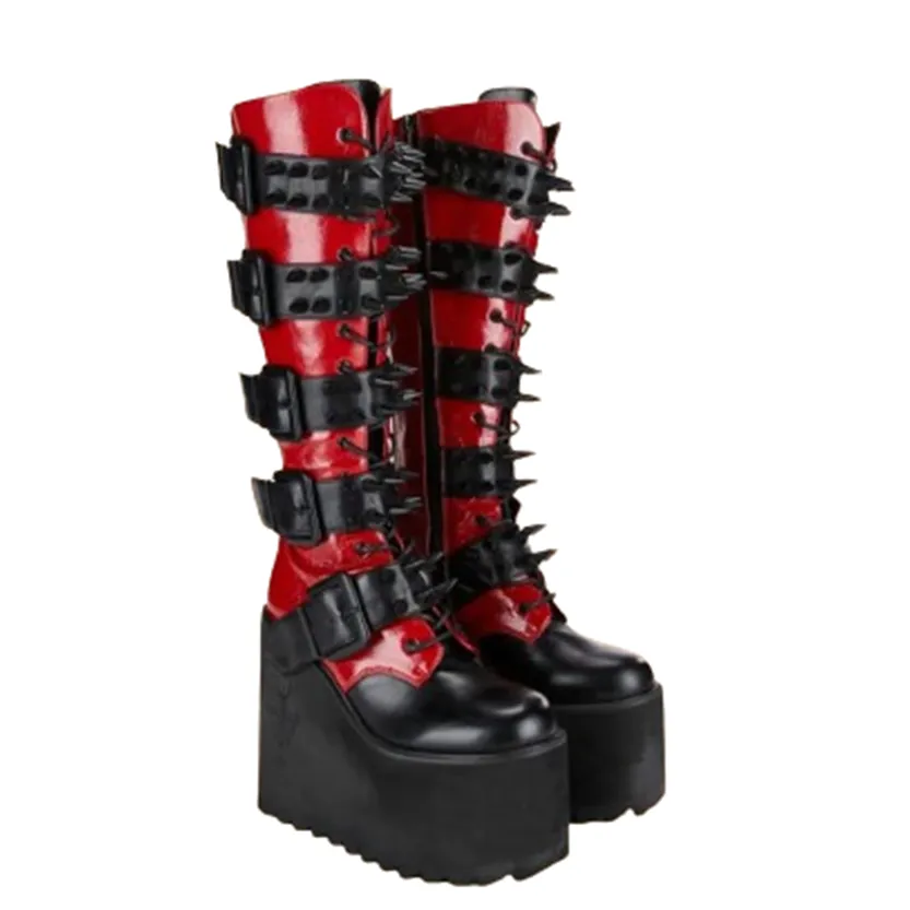 Funki Buys | Boots | Women's Red Buckle Strap Platform Boots