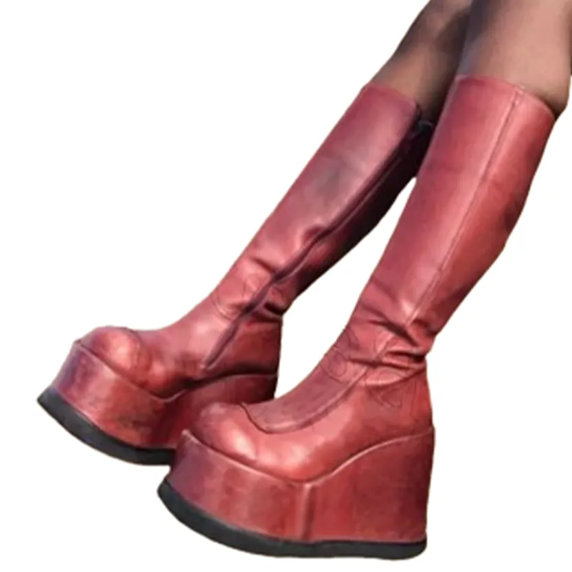 Funki Buys | Boots | Women's Red Buckle Strap Platform Boots