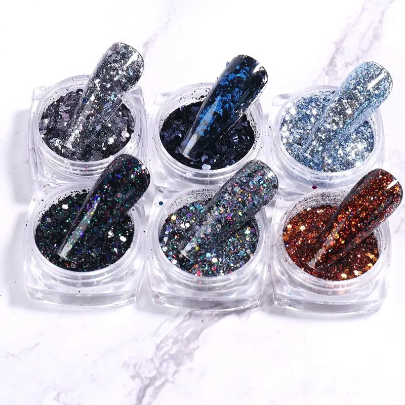 Glitter Flakes Nail Art - Set 6pcs Jar