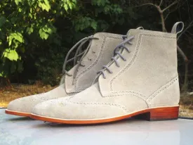 Handmade Men’s Ankle High Suede Lace Up Boots, Men’s Gray Color Wing Tip Brogue Boots