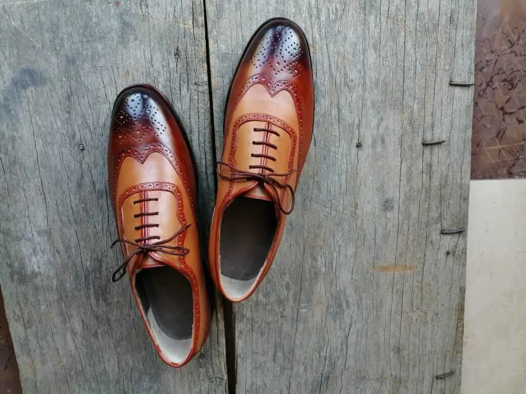 Handmade Men's Two Tone Brown Wing Tip Brogue Leather Lace Up Shoes, Men Designer Dress Formal Luxury Shoes