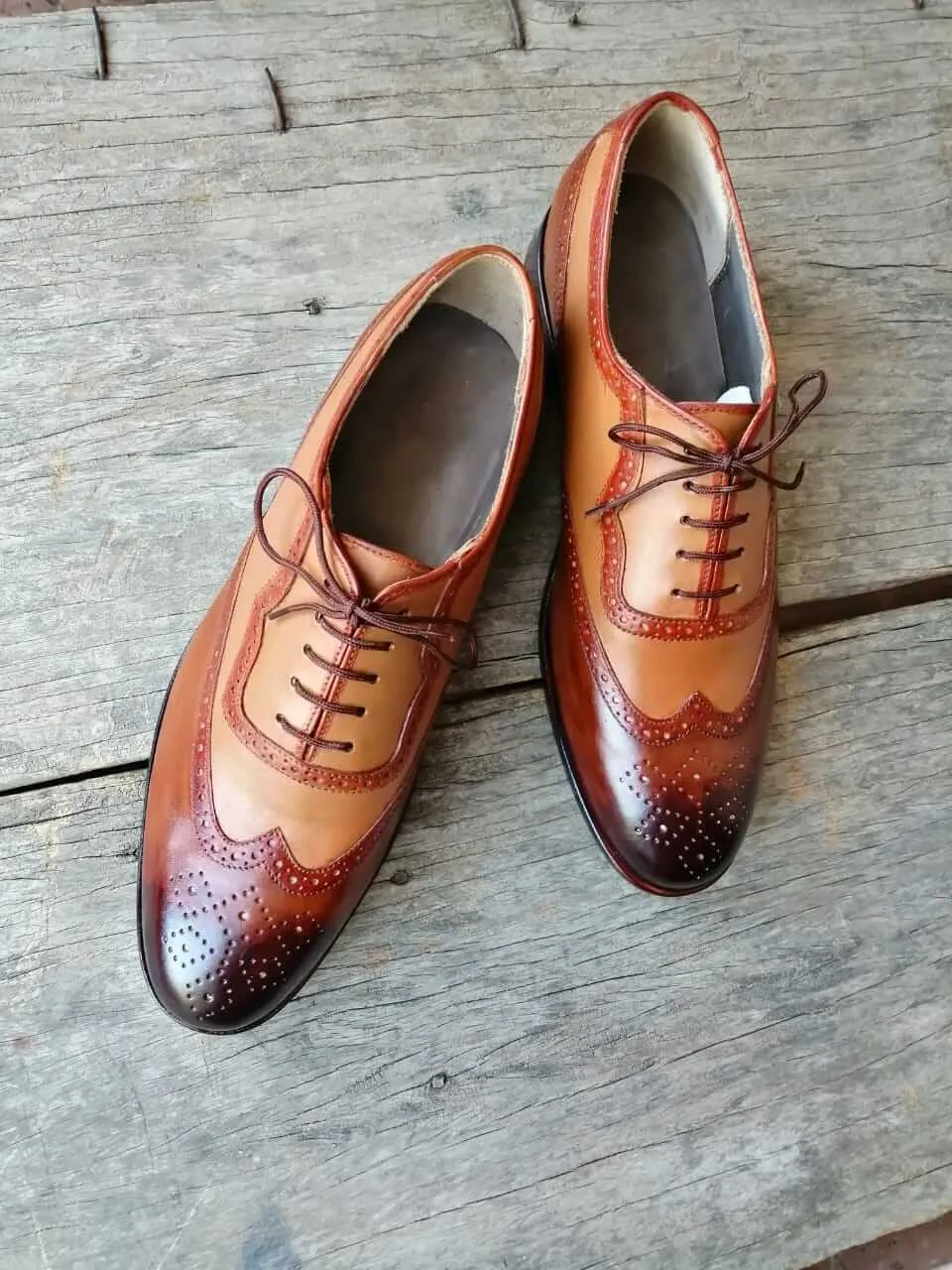 Handmade Men's Two Tone Brown Wing Tip Brogue Leather Lace Up Shoes, Men Designer Dress Formal Luxury Shoes