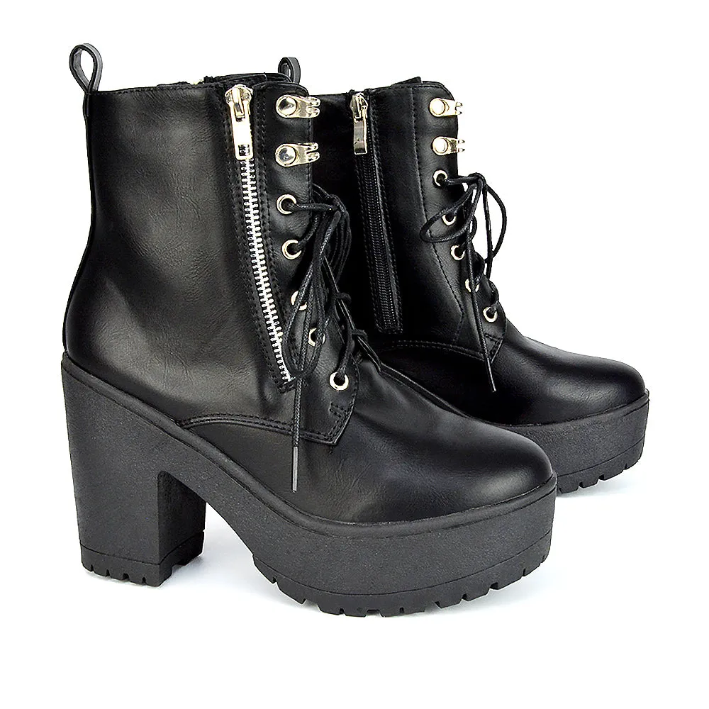 Harlin Combat Platform Block High Heel Ankle Boots in Black Synthetic Leather