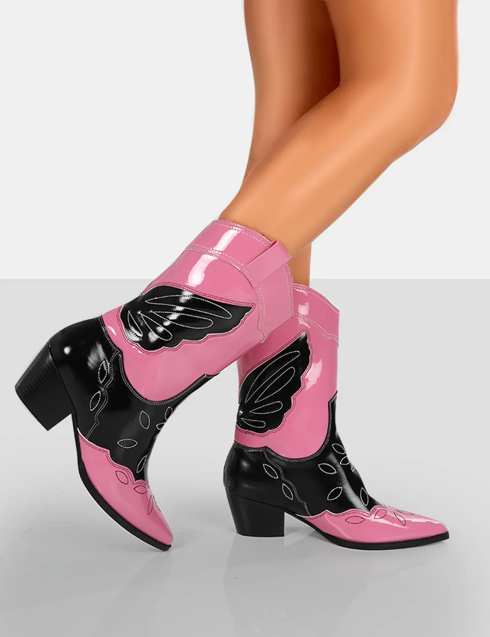 Howdy Pink Patent Pointed Toe Western Cowboy Block Ankle Boots