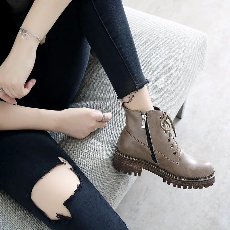 Lace Up Short Boots Autumn Winter Low Heels Ankle Boots Women Shoes