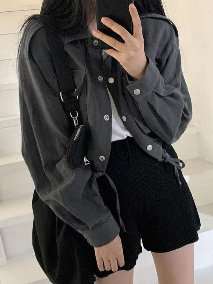 Lapel Neck Snap Button Drawstring Short Long Sleeve Blouse