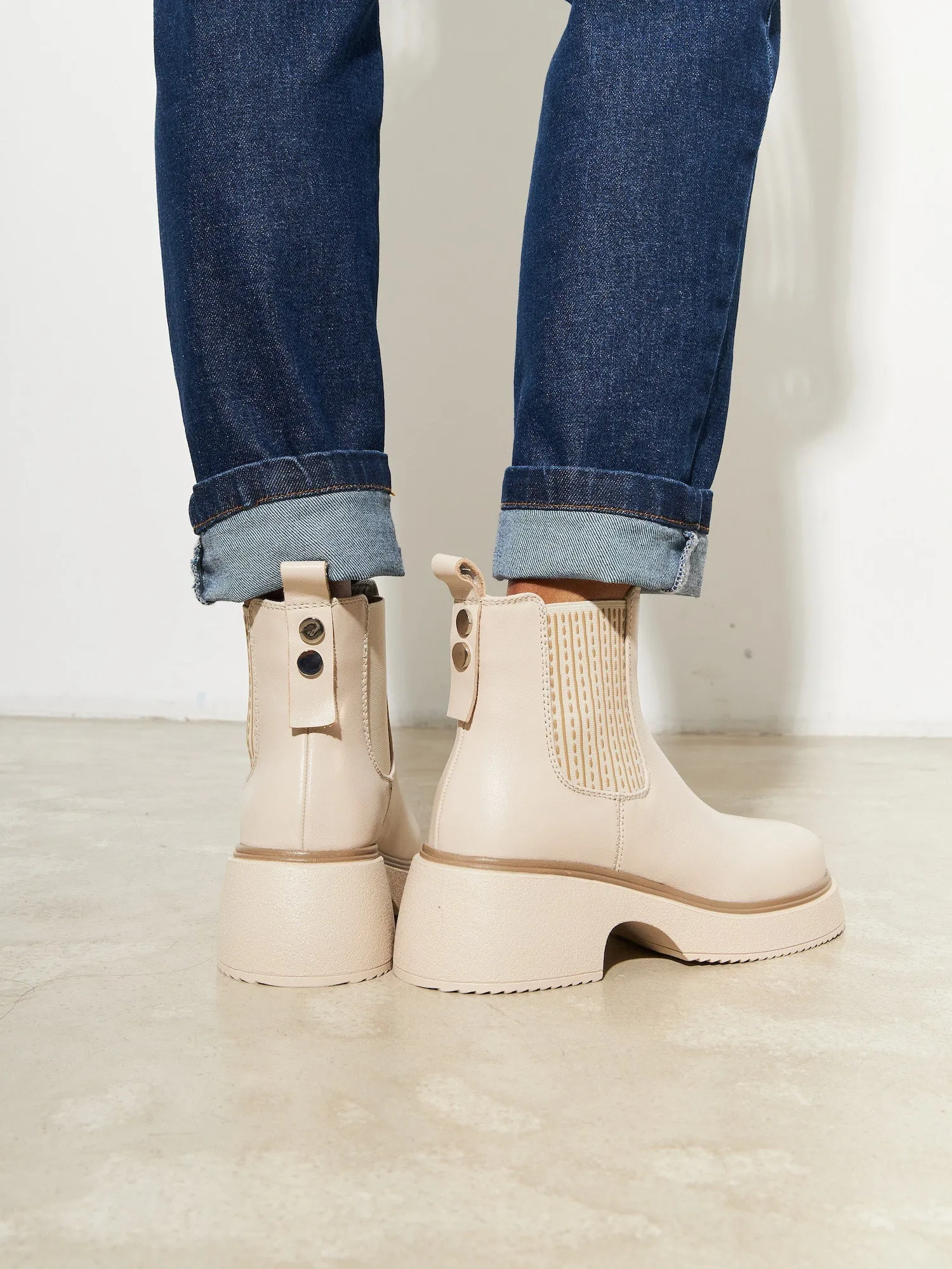 Leather Platform Ankle Boots - Beige