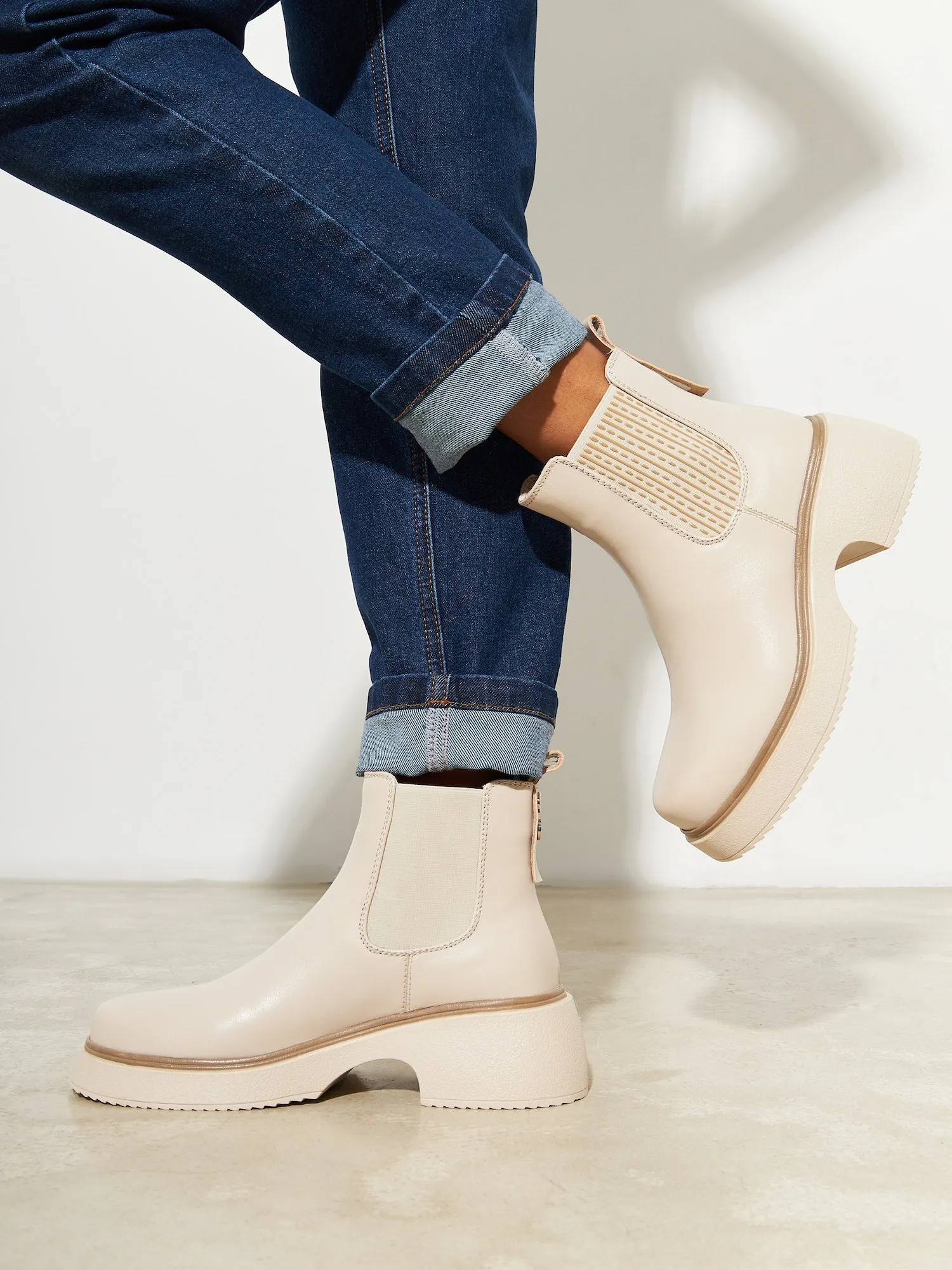 Leather Platform Ankle Boots - Beige