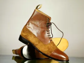 Men's Handmade Brown Cap Toe Leather Suede Ankle Boots, Men Designer Lace Up Boots