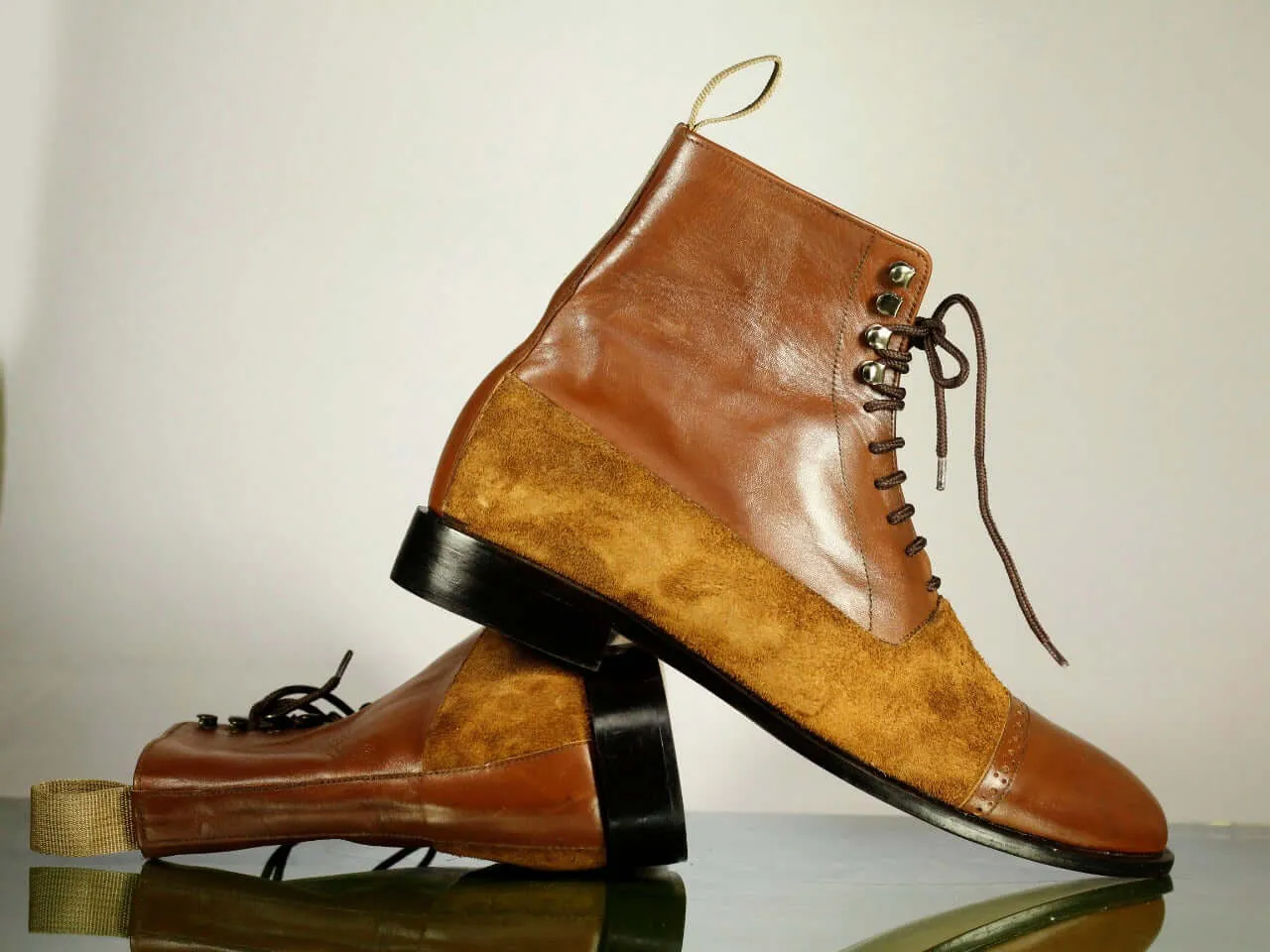 Men's Handmade Brown Cap Toe Leather Suede Ankle Boots, Men Designer Lace Up Boots