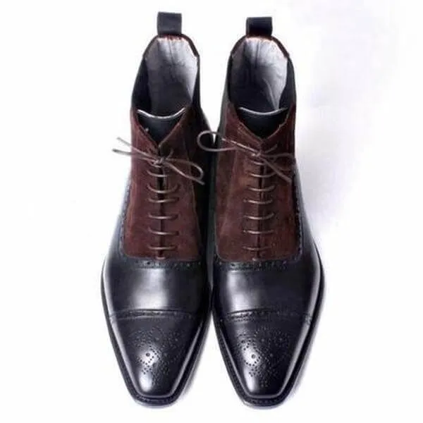 Men's Handmade Brown Leather Suede Lace Up Boots, Men Cap Toe Brogue Dress Boots