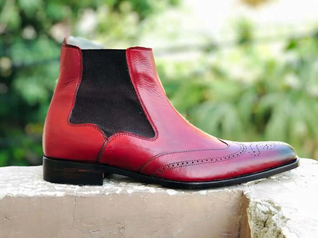 New Burgundy Chelsea Leather Boots. Men's Dress Fashion boots, Men Designer Boot