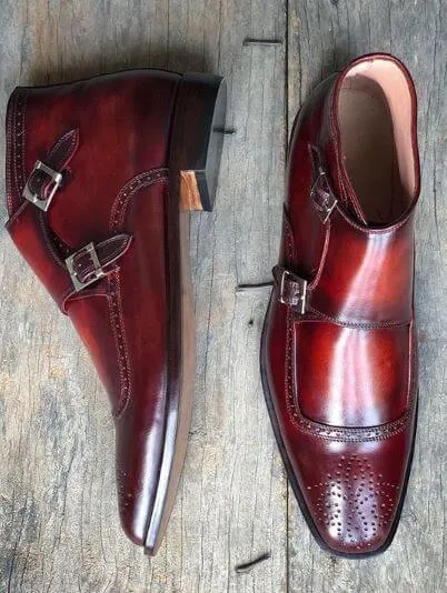 New Handmade Men's Burgundy Brogue Toe Leather Boots, Men Double Monk Strap Boots