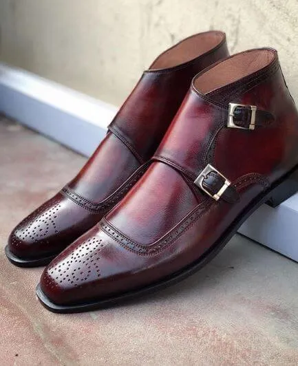 New Handmade Men's Burgundy Brogue Toe Leather Boots, Men Double Monk Strap Boots